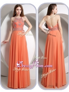 Romantic Empire Halter Top Orange Clearance Prom Dresses with Beading