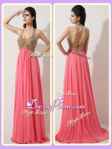 The Most Popular Halter Top Brush Train Watermelon Red Clearance Prom Dresses