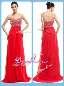 Simple Sweetheart Brush Train Beading Clearance Prom Dresses in Red