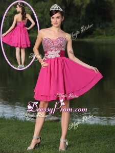 Inexpensive Short Sweetheart Beading High End Prom Dresses in Hot Pink