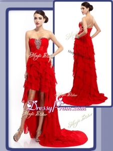 Cheap High Low Beading and Ruffled Layers Sexy Prom Dresses in Red