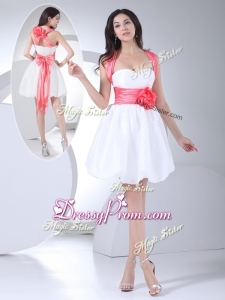 Cheap Straps Hand Made Flowers Short Simple Prom Dress in White