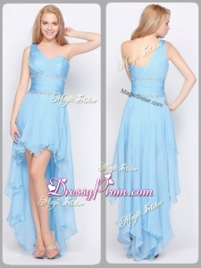 Inexpensive One Shoulder High Low Sexy Prom Dresses with Beading