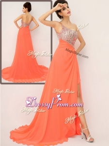 Luxurious One Shoulder Sexy Prom Dresses with High Slit and Sequins