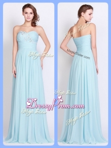 New Style Brush Train Light Blue Simple Prom Dresses with Beading and Ruching
