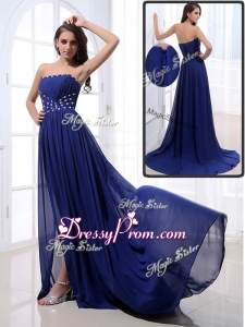 Elegant Brush Train Strapless Beading Best Prom Dresses in Royal Blue