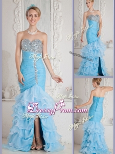 Gorgeous Mermaid Sweetheart Beading and Ruffled Layers Aqua Blue Best Prom Dresses