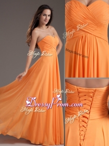 Low Price Sweetheart Floor Length Ruching Best Prom Dress in Orange