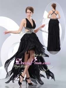 New Style V Neck High Low Sexy Prom Dresses in Black