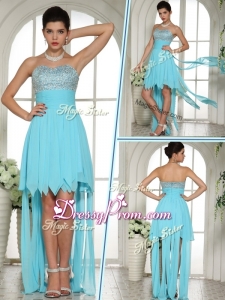 Wonderful Sweetheart High Low Beading and Paillette Sexy Prom Dress in Aqua Blue