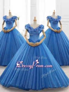 Custom Made Blue Off the Shoulder Long Quinceanera Dresses with Appliques