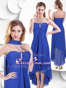 Simple Spaghetti Straps High Low Blue Prom Dress with Beading
