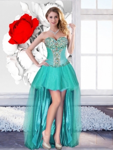 Exclusive Beaded Turquoise Prom Gowns with High Low