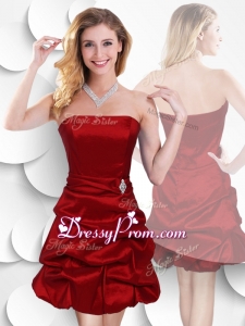 Latest Strapless Taffeta Wine Red Prom Dress with Bubles