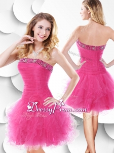 Luxurious Strapless Hot Pink Prom Dress with Beading and Ruffles