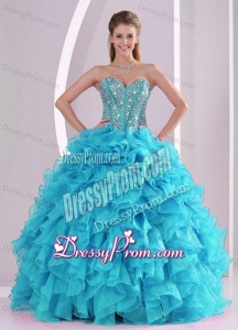 Baby Blue Sweetheart Ruffles and Beaded Decorate Sleeveless Quinceanera Gowns