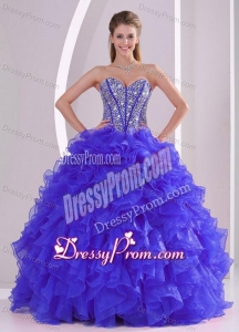 Blue Sweetheart Ruffles and Beaded Decorate Organza Quinceanera Gowns