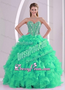 Green Ball Gown Sweetheart Ruffles and Beading Long Quinceanera Gowns in Sweet 16