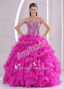 Pretty Sweetheart Ruffles and Beaded Decorate 2014 Hot Pink Quinceanera Gowns