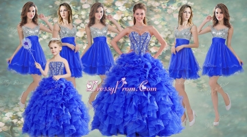 Big Puffy Beaded Blue Quinceanera Dress and Sequined Short Dama Dresses Ruffled Mini Quinceanera Dress