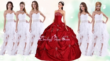 Lovely Taffeta Applique and Beaded Red Quinceanera Dress and Asymmetrical White Dama Dresses