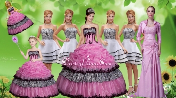 Luxurious Applique Zebra Rose Pink Quinceanera Dress and Strapless White Dama Dresses and Pick Ups Mini Quinceanera Dress and Applique Mother of The Bride Dress
