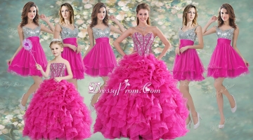 Pretty Hot Pink Beaded and Ruffled Quinceanera Dress and Short Sequined Dama Dresses and Strapless Mini Quinceanera Dress