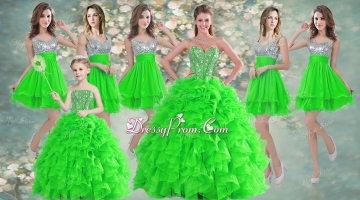 Really Puffy Spring Green Sweet 16 Dress and Sequined Short Dama Dresses and Beaded and Ruffled Mini Quinceanera Dress