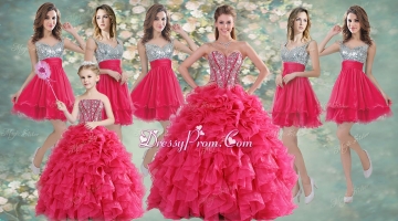 Visible Boning Coral Red Quinceanera Dress and Short Sequined Dama Dresses and Beaded and Ruffled Mini Quinceanera Dress