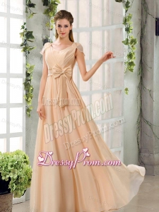 2015 Chiffon Bowknot Dama Dresses with Cap Sleeves