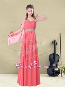 One Shoulder Beaded Long Dama Dress with Ruches