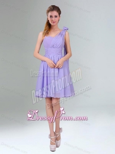 Gorgeous Mini Length Lavender Dama Dress with Ruching and Handmade Flower