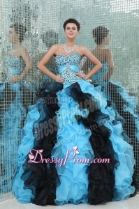 Aqua and Black Sweetheart Beading and Ruffles Quinceanera Dress