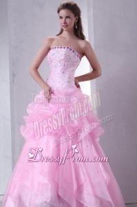 Baby Pink Strapless Beading and Pick-ups Organza Quinceanera Dress