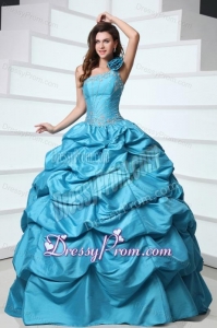 Beading and Pick-ups One Shoulder Teal Taffeta Quinceanera Dress