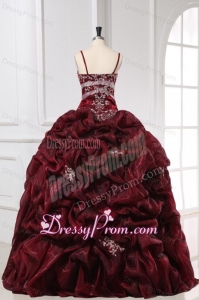 Burgundy Spaghetti Straps Appliques and Pick-ups Long Quinceanera Dress