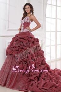 Burgundy Spaghetti Straps Appliques and Pick-ups Quinceanera Dress