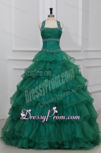 Green Halter Top Beading and Ruffles Layered Quinceanera Dress