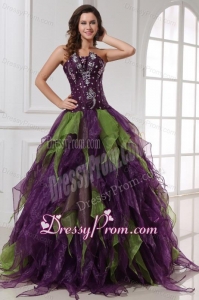 Green and Purple Strapless Rhinestone Quinceanera Dress with Organza