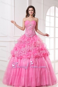 Rose Pink Sweetheart Appliques and Rolling Flowers Quinceanera Dress