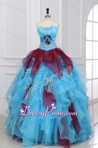 Strapless Beading and Ruche Quinceanera Dress in Aqua and Wine Red