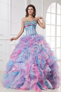 Sweetheart Beading and Ruffles Organza Quinceanera Dress in Multi-color