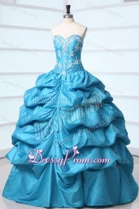 Teal Sweetheart Taffeta Quinceanera Dress with Appliques and Pick-ups