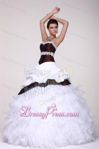 White and Brown Sweetheart Appliques and Ruffles Quinceanera Dress