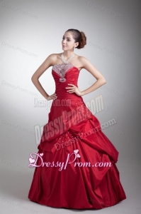 Wine Red A-line Strapless Taffeta Quinceanera Dress with Beading