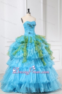 Appliques and Ruffles Organza Aqua Blue Long Quinceanera Dress