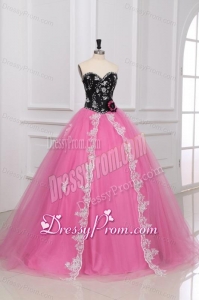 Beading and Appliques Sweetheart Quinceanera Dress in Black and Rose Pink