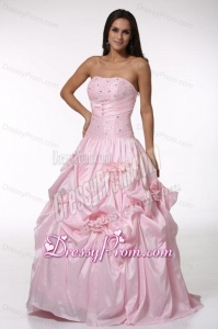 Beading and Hand Made Flowers Strapless Baby Pink Quinceanera Dress