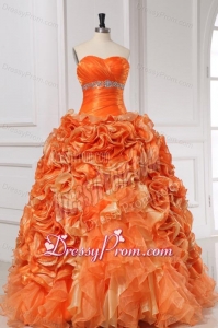 Beading and Rolling Flowers Sweetheart Quinceanera Dress in Orange