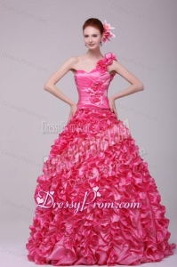 Hot Pink One Shoulder Hand Made Flowers and Ruffles Quinceanera Dress